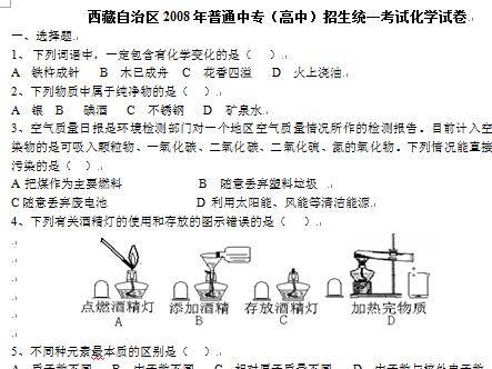 西藏自治区2008年普通中专（高中）招生统一考试化学试卷