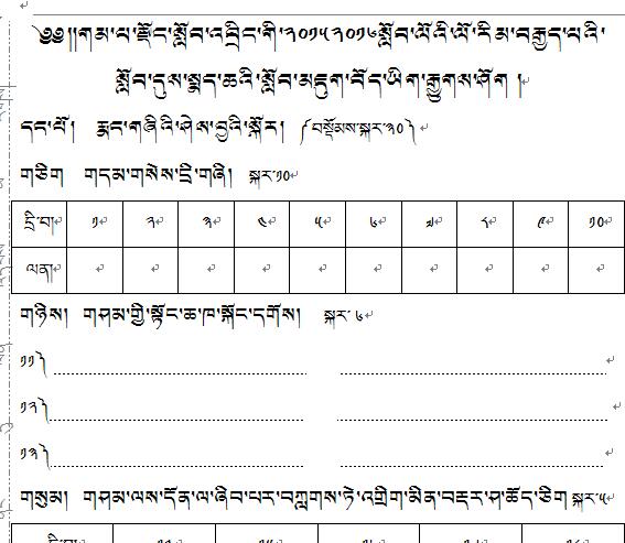 2015-2016学年岗巴县中学下学期初二年级藏语文期末统考答题卡