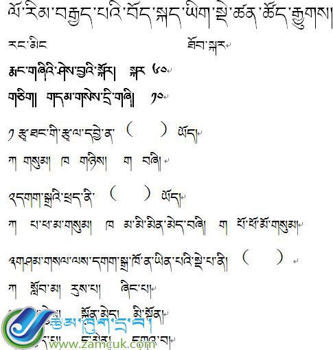 吉隆中学初二年级下学期藏语文第五单元测验试卷