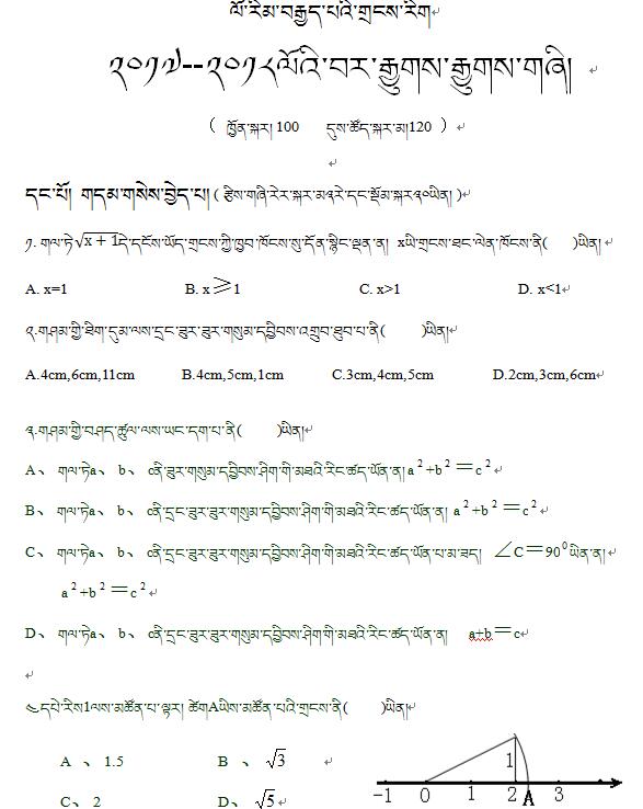 八年级下学期期中考试数学试卷（藏语文版）