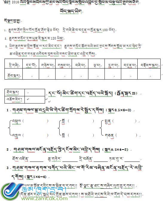 2016年小考藏语文试卷 真题