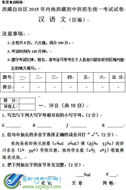 2015年小考汉语文考试试卷 真题