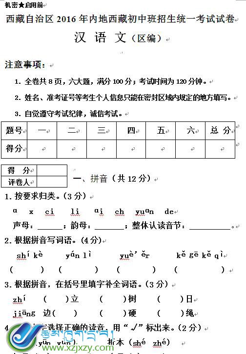 2016年小考小学汉语文考试（区编）试卷  真题