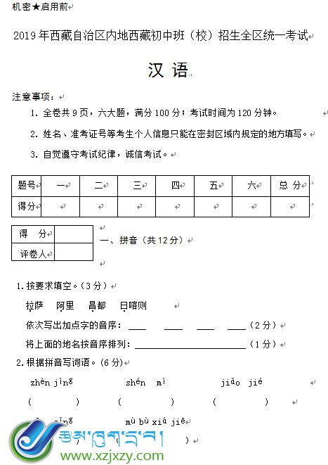 2019年西藏自治区内地西藏初中班（校）招生全区统一考试汉语试卷