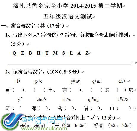 洛扎县色乡完小五年级第二学期汉语文期中考试试卷