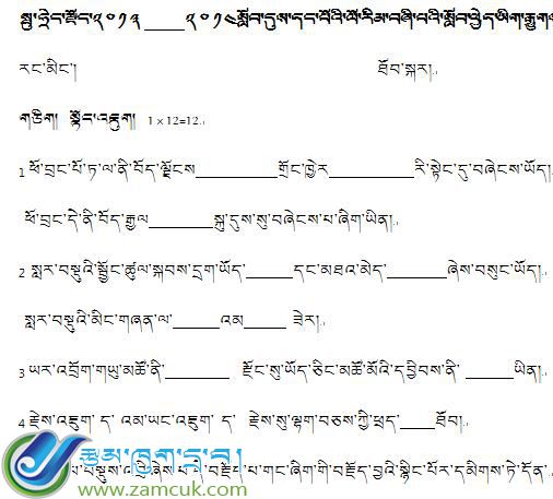 普兰完小四年级上学期藏语文期中考试试卷