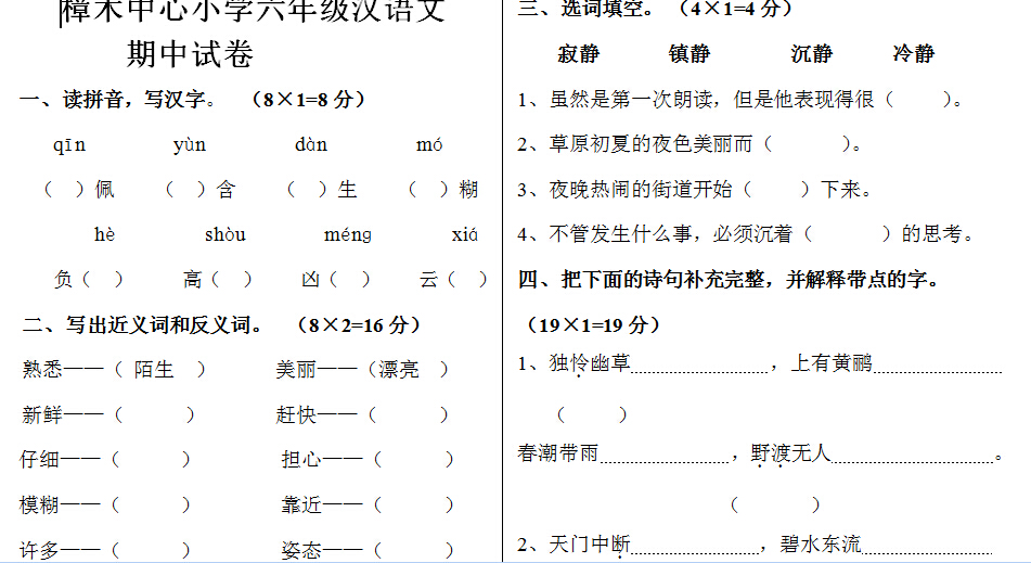 六年级下册汉语文期中试卷
