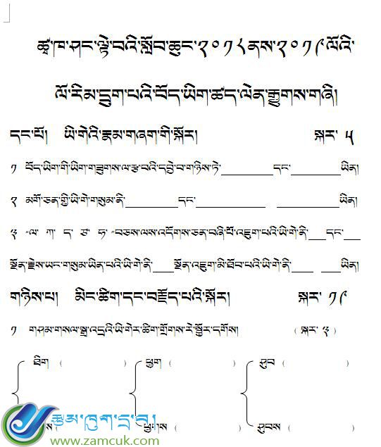 阿里革吉盐湖乡中心小学六年级上学期藏语文测验试卷