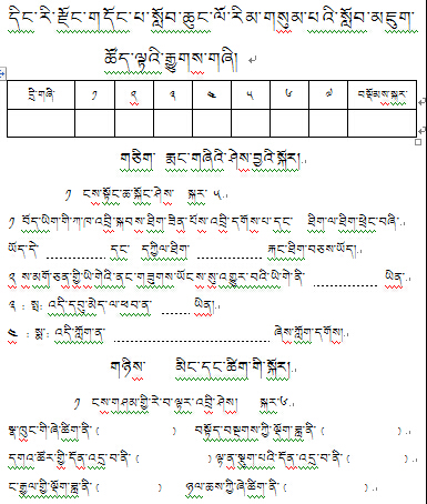 定日县东巴完小三年级下学期藏语文期末考试试卷