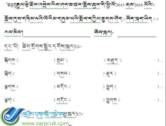 江孜县车仁乡完小三年级下学期藏语文下册期中考试试卷