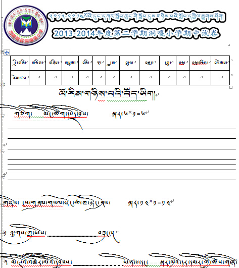 朗县洞嘎镇中心小学二年级第二学期藏语文期中考试试卷