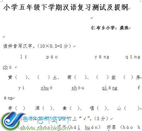 仁布乡小学小学五年级下学期汉语复习测试及提纲