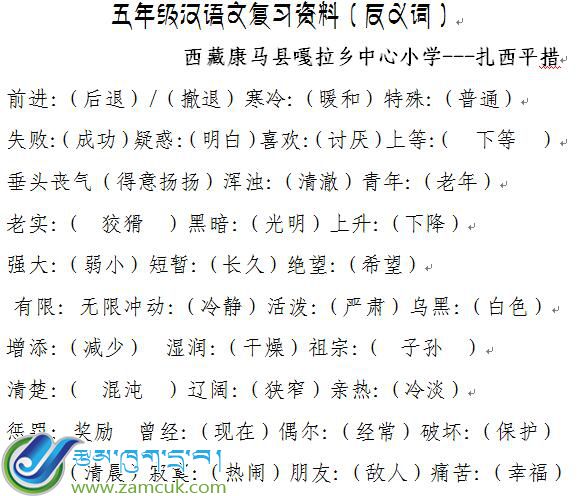 康马县嘎拉乡中心小学五年级下学期汉语文复习（反义词）
